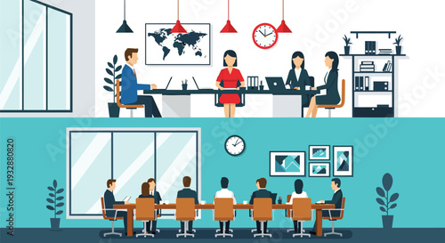 Business team meeting and corporate office discussion workspace vector illustration