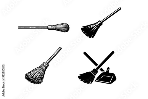 Vintage and modern broom designs with dustpan silhouette