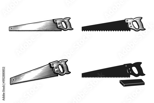 Set of hand saw illustrations and silhouettes on white background