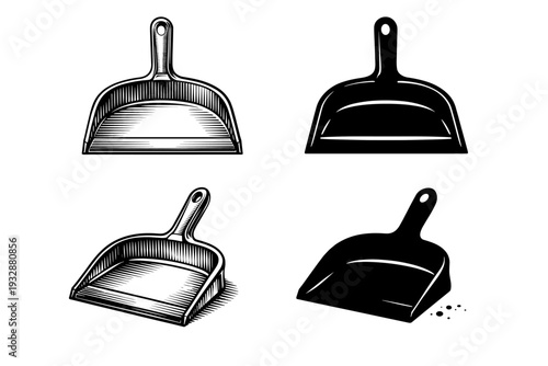Set of four dustpan illustrations in retro and modern styles