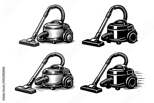 Retro vacuum cleaners collection in black and white