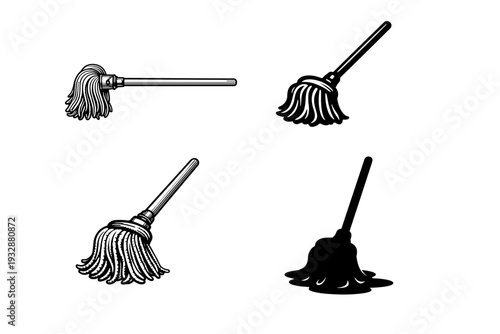 Set of four mop illustrations featuring different styles and designs