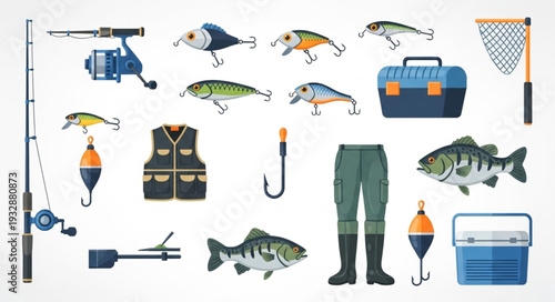 Collection of fishing equipment and various fish isolated on white background, ready for angling.