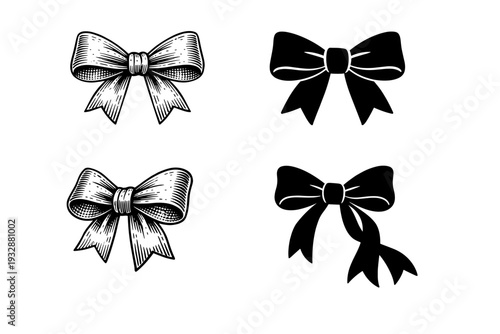 Elegant black and white bow designs with various textures and styles