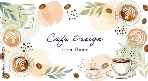 水彩カフェフレーム背景｜ラテアートやテイクアウトカップを配置したコーヒーアイテムデザイン素材
