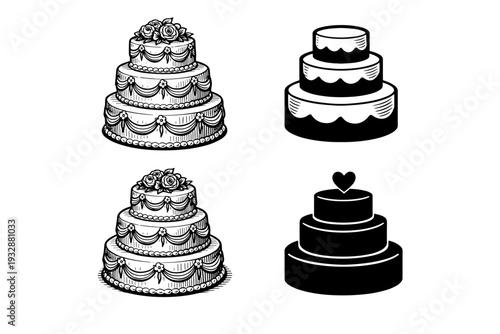 Elegant black and white wedding cakes with decorative designs