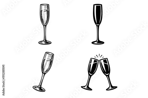 Set of champagne glass illustrations in various styles