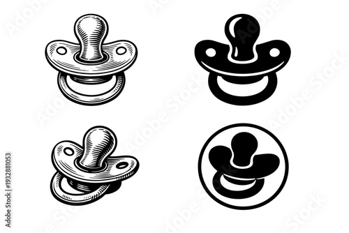 Vintage baby pacifier designs in black and white - set of four variati