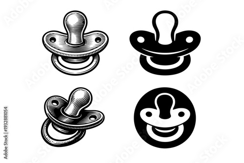 Retro style black and white baby pacifier illustrations