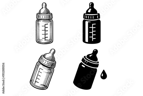 Set of four baby bottles in black and white illustration style