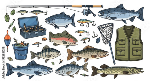 Fishing gear and various fish species, ready for angling adventures and outdoor recreation.