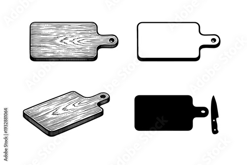 Four artistic cutting board illustrations in various styles and angles