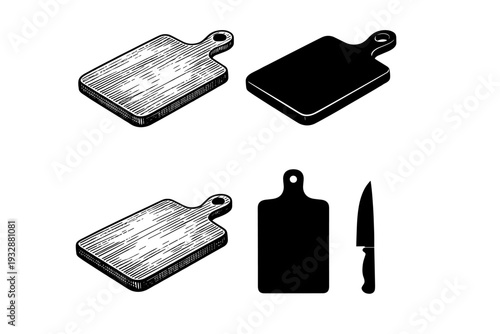 Set of four cutting board and knife icons: vintage and silhouette desi