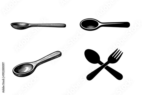 Four artistic spoon and fork illustrations in black and white