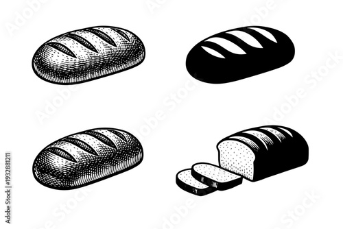 Set of vintage style bread loaf illustrations on white background