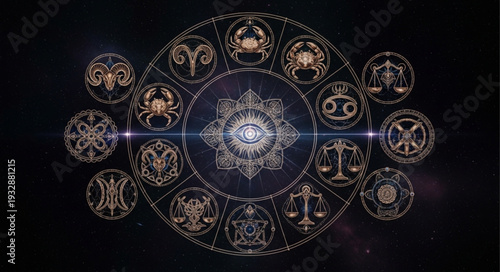 Astrological Zodiac Wheel Depicting Celestial Signs and Cosmic Symbols.