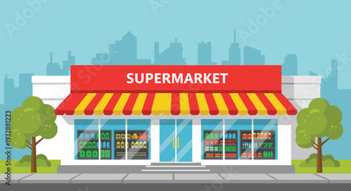 Supermarket store exterior with grocery products retail shopping building vector illustration
