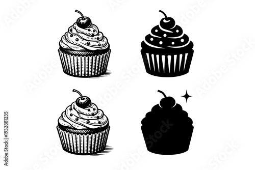 Monochrome cupcake illustrations with cherries and icing in various st