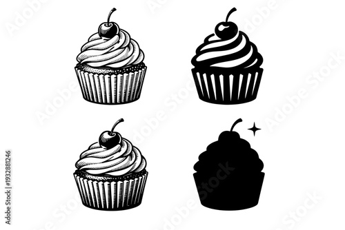 Black and white cupcake illustrations with cherries in various styles