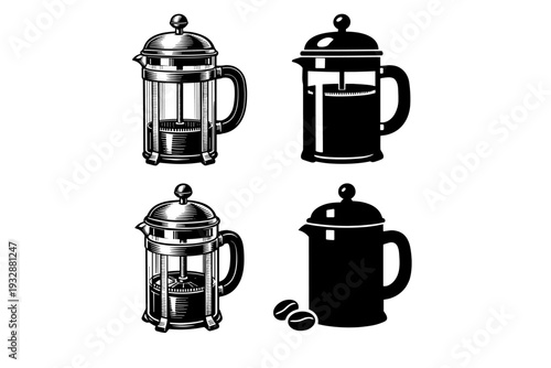 Set of four french press coffee makers with beans in vintage style ill