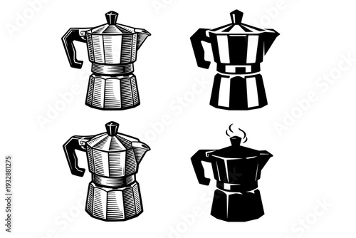 Set of four vintage moka pots: classic italian coffee makers in black