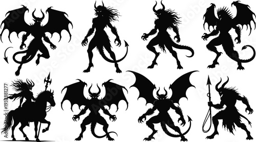 Collection of black demon silhouettes featuring winged devils, horned monsters, hellish creatures, and a dark knight riding a horse for gothic fantasy vector design
