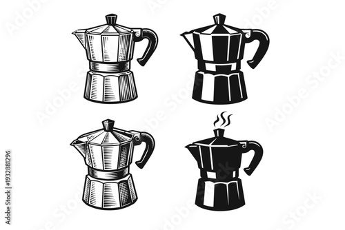 Collection of vintage stovetop espresso makers in black and white illu