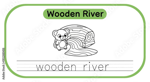 Cute Bear Cub Learning to Write "Wooden River" on Lined Paper