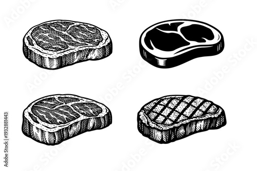 Vintage hand-drawn steak illustrations: variety of cuts in black and w