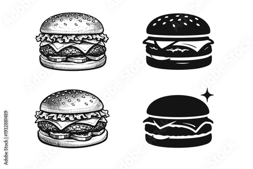 Set of black and white burger illustrations: detailed and silhouette s