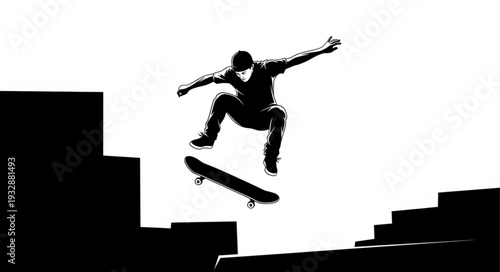 Silhouette of Skateboarder Performing a Jump Over Stairs in Black and White.