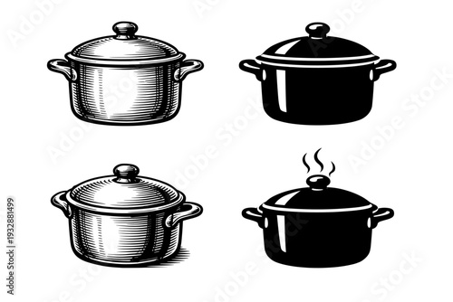 Vintage black and white cookware set with steaming pot designs