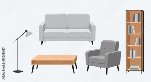 Living room furniture arrangement with sofa, armchair, coffee table, bookshelf and lamp.