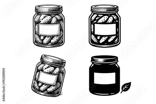 Hand-drawn pickle jars set: vintage black and white illustrations