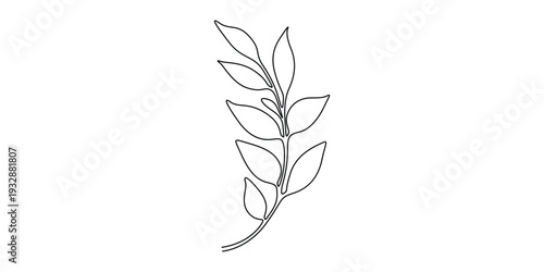 Minimalist black and white botanical continuous one line art illustration of a twig with leaves