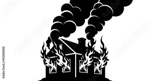 Burning house silhouette with flames and smoke rising dramatically into the sky.