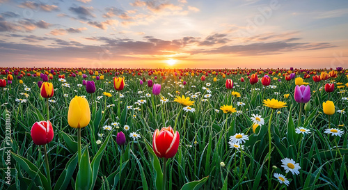 Vibrant tulip field at sunset with colorful blooms and lush green grass in a serene natural landscape