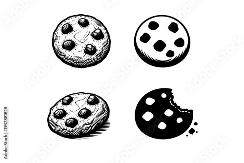 Four black and white cookies with chocolate chips in different styles