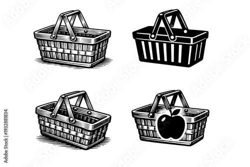 Vintage black and white picnic baskets set with apple design