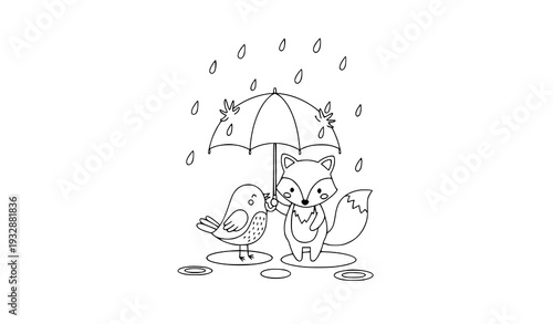 Minimal fox and bird under umbrella coloring page vector illustration