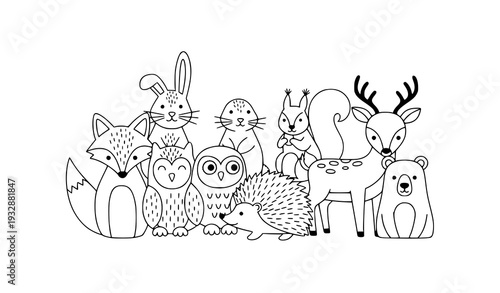Minimal forest animals line art vector coloring page set