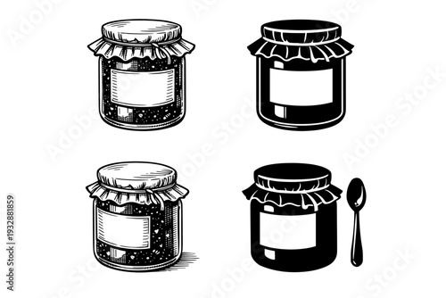 Hand-drawn jars of jam and spoon illustration in black and white