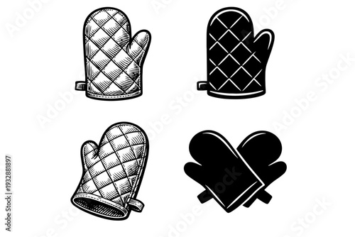 Set of quilted oven mitts in black and white line art design