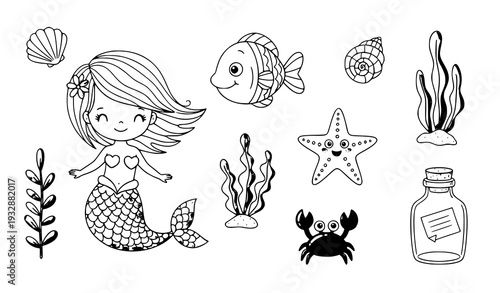 Cute cartoon marine illustration set with mermaid fish and crab vector