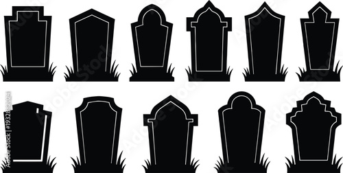 Collection of black tombstone silhouettes with various gothic shapes and grass borders for Halloween graveyard cemetery decor and spooky funeral memorial vector design