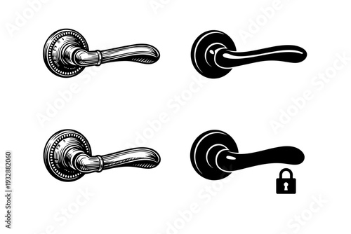 Vintage and modern door handles with lock icon in black and white