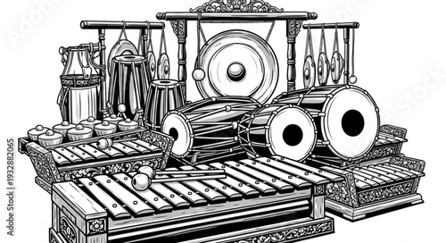 Traditional Indonesian Gamelan Orchestra Instruments in Detailed Black and White Illustration.