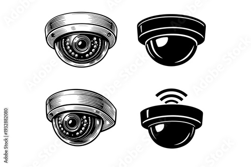Set of vintage and modern cctv cameras with wi-fi icon