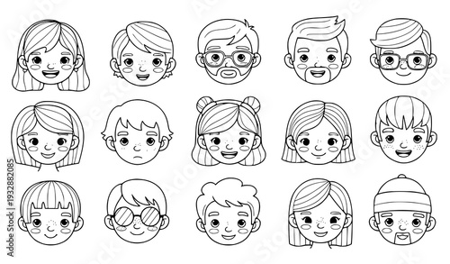Cute cartoon faces of different nationalities coloring book vector set