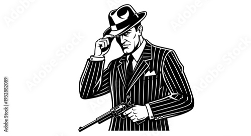 A stern-faced man in a pinstripe suit and fedora holds a gun.